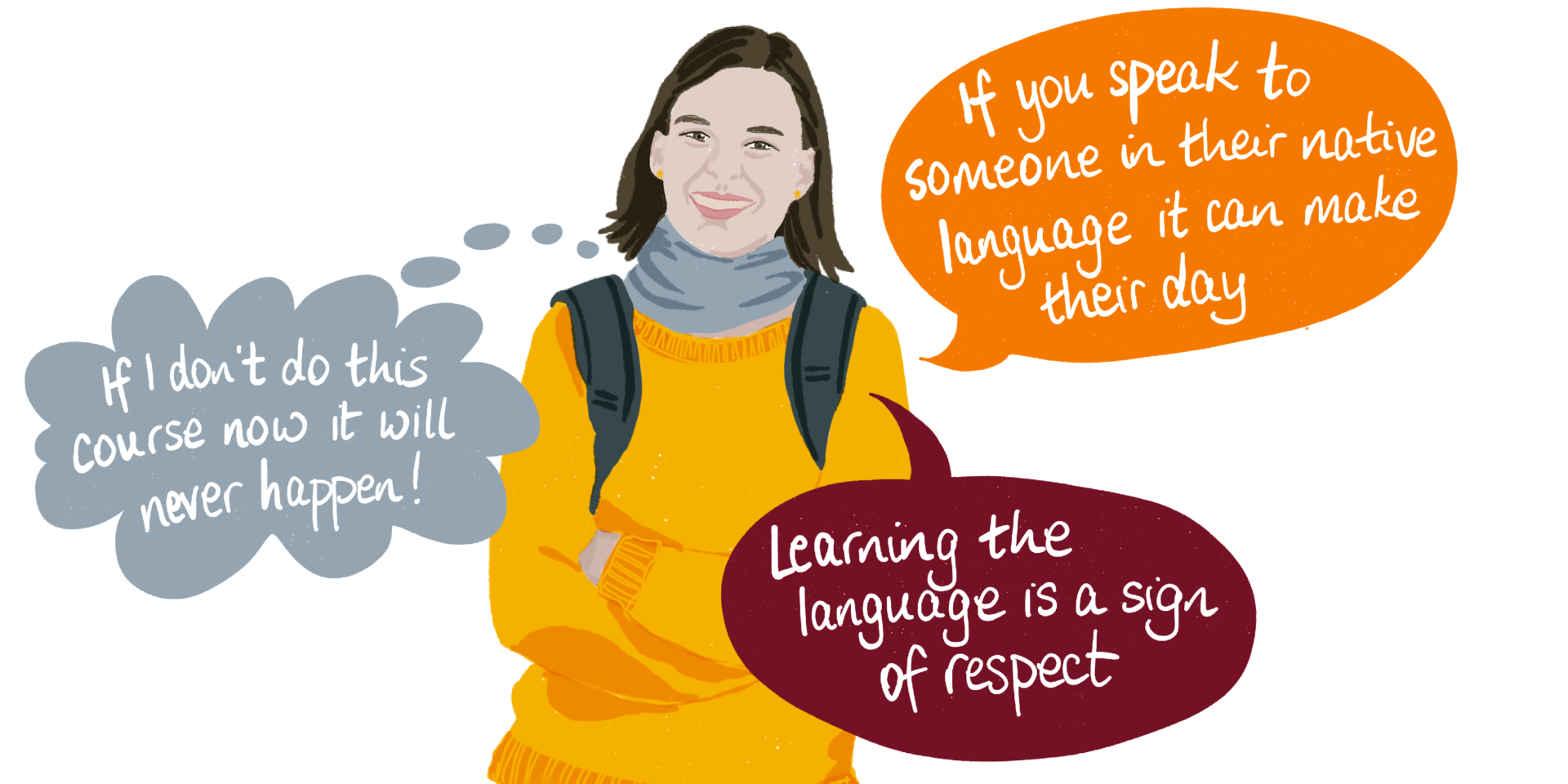 A digital illustration of Marina, a smiling young woman in a yellow jumper, with speech bubbles featuring quotes from the article