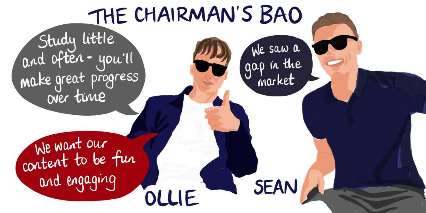 Ollie and Sean, two young men in sunglasses, with illustrated quotes from the article and a title saying The Chairman's Bao.