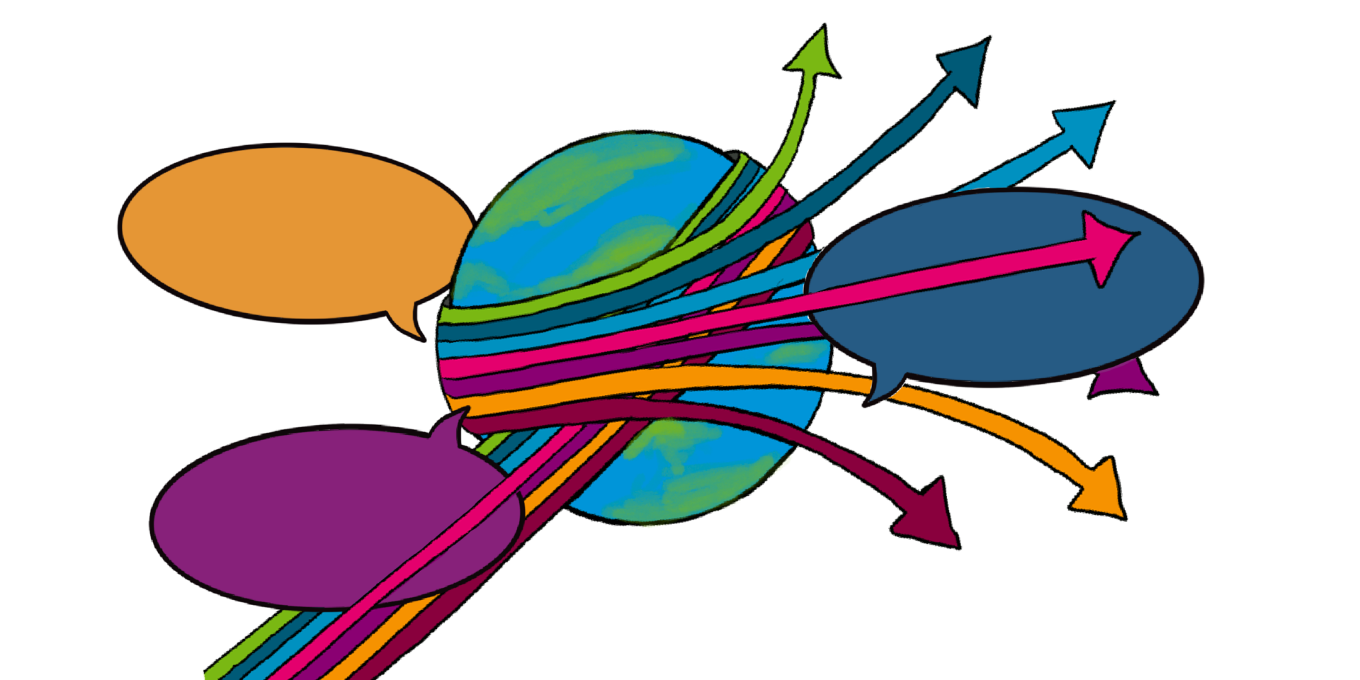 Illustration of a globe surrounded by arrows and speech bubbles in Business School colours.