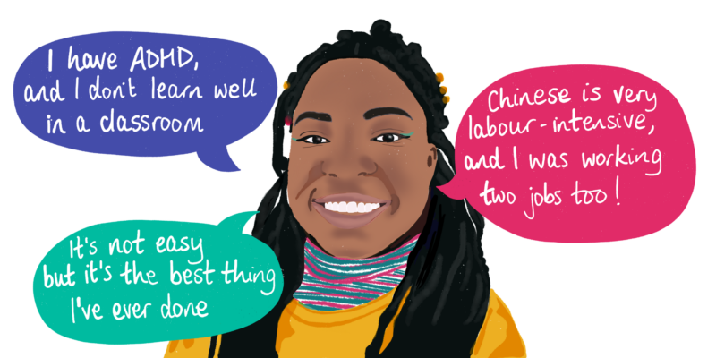 Digital illustration of Natasha, a smiling woman of colour, surrounded by quotes from the article in speech bubbles.