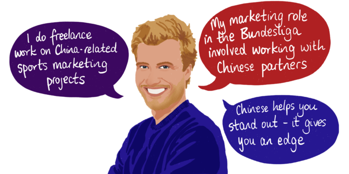 Digital illustration of a smiling white man with blonde hair surrounded by quotes from the article.
