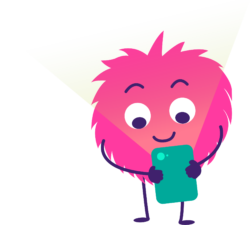 A pink cartoon mascot using a smartphone