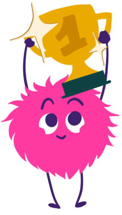 A pink mascot holding a trophy aloft