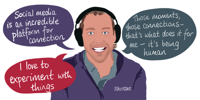 Digital illustration of Jake Gill surrounded by speech bubbles with quotes from the blog post