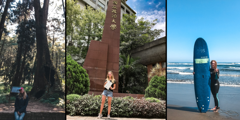 Three photos of a young women in scenic spots in China and Taiwan