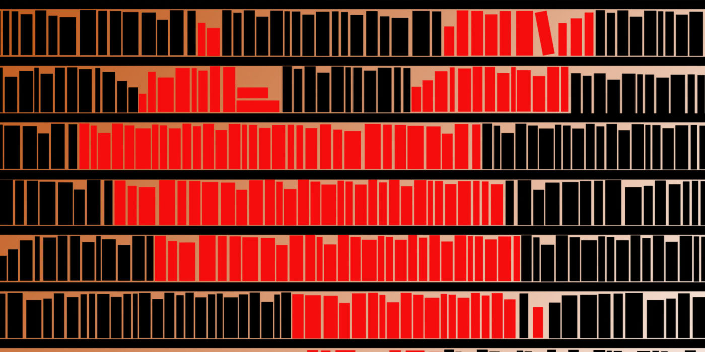 Illustrated shelves lined with red and black books where the red books form the shape of China