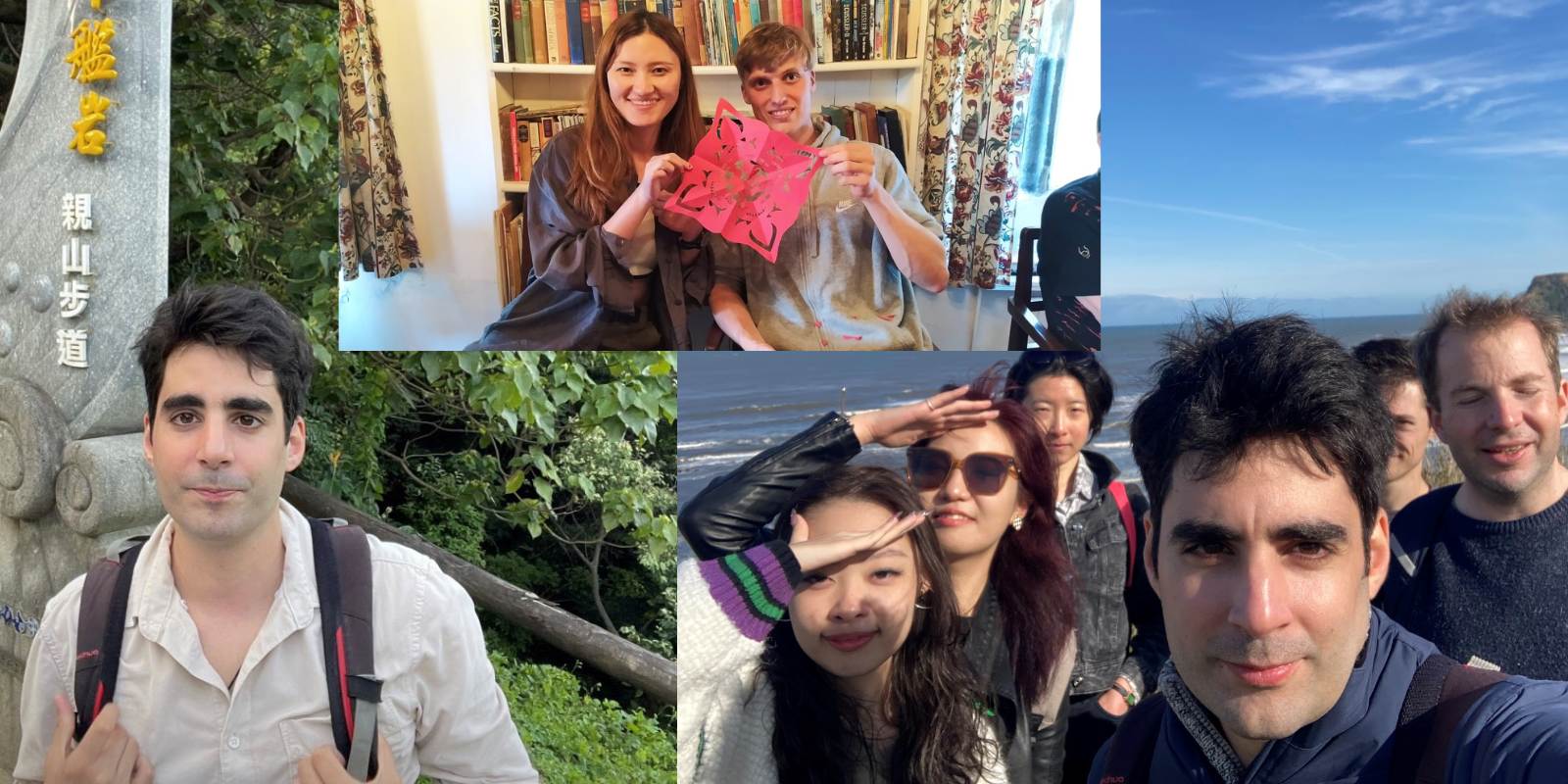 Collage shows Mischa on a hike in Taiwan and with Chinese friends outside, and two smiling people holding a paper cut design.