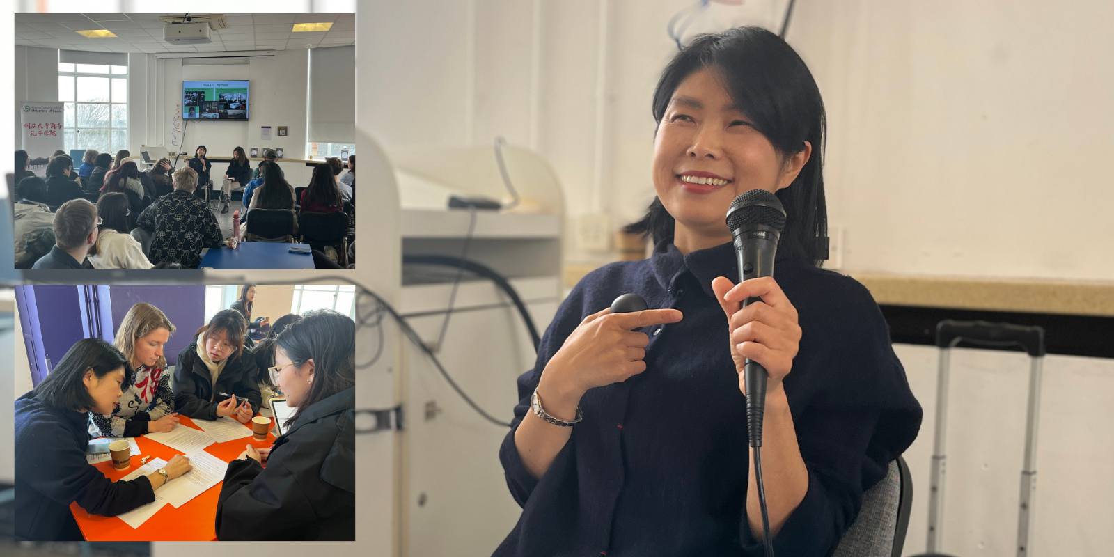 Author Lu Min smiling holding a microphone, with two images inset showing a full room listening to her speak and a group of people working together at a table.